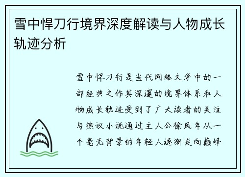 雪中悍刀行境界深度解读与人物成长轨迹分析